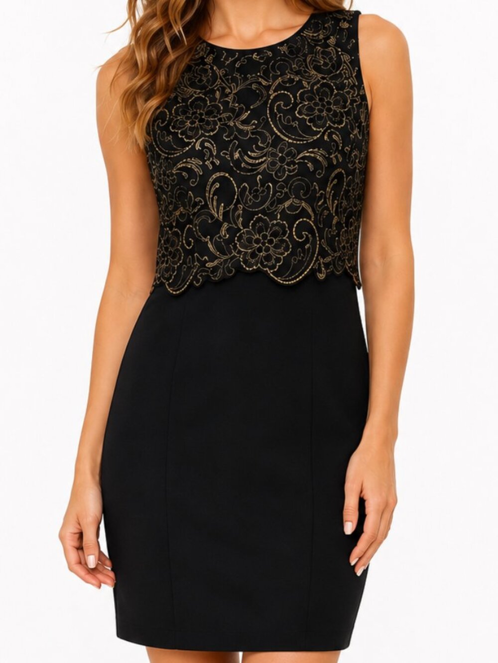 Elegant Black Gold Floral Lace Sleeveless Dress S Size